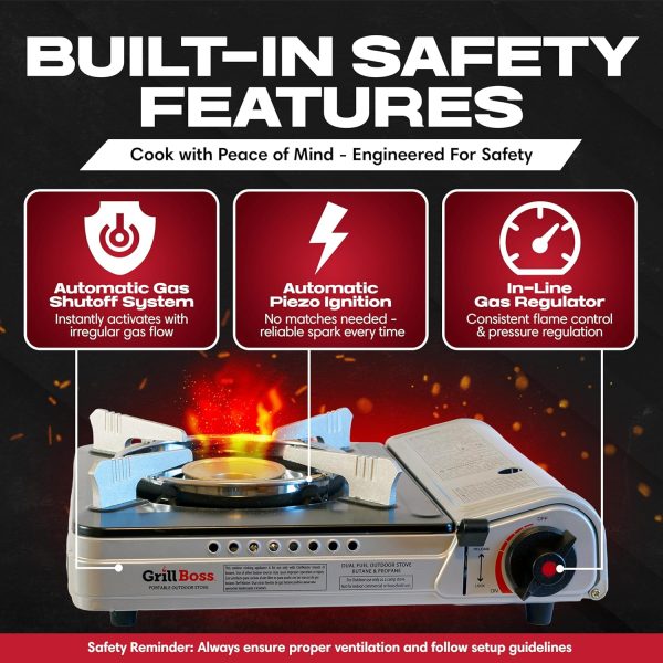 Grill Boss Dual Fuel Portable Stove, Dual Fuel Butane & Propane Stoves, 12K BTU Butane Camp Stove & Propane Portable Camping Stoves for Emergencies, Outdoor BBQ, Cooking, Hikings & Backpacking - 90057 - Image 2