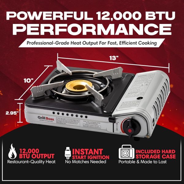 Grill Boss Dual Fuel Portable Stove, Dual Fuel Butane & Propane Stoves, 12K BTU Butane Camp Stove & Propane Portable Camping Stoves for Emergencies, Outdoor BBQ, Cooking, Hikings & Backpacking - 90057 - Image 3
