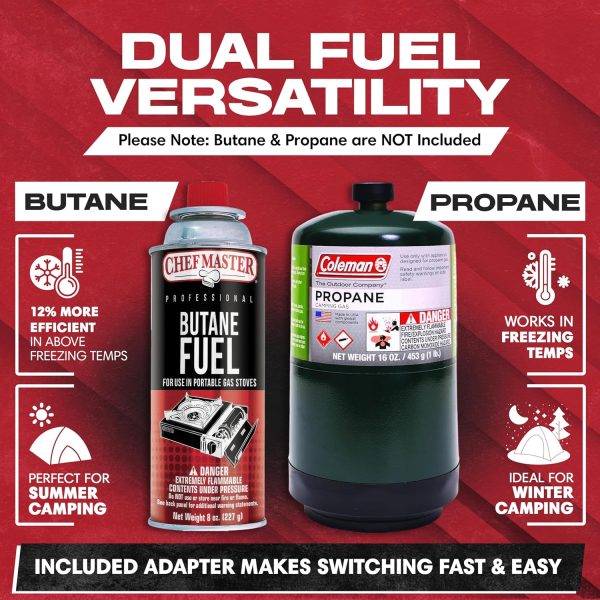 Grill Boss Dual Fuel Portable Stove, Dual Fuel Butane & Propane Stoves, 12K BTU Butane Camp Stove & Propane Portable Camping Stoves for Emergencies, Outdoor BBQ, Cooking, Hikings & Backpacking - 90057 - Image 4